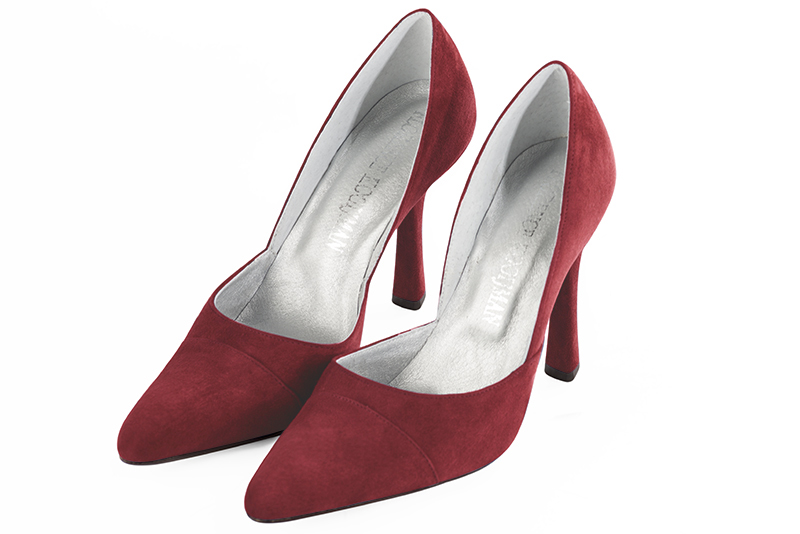 Burgundy red women's open arch dress pumps. Tapered toe. Very high spool heels. Front view - Florence KOOIJMAN